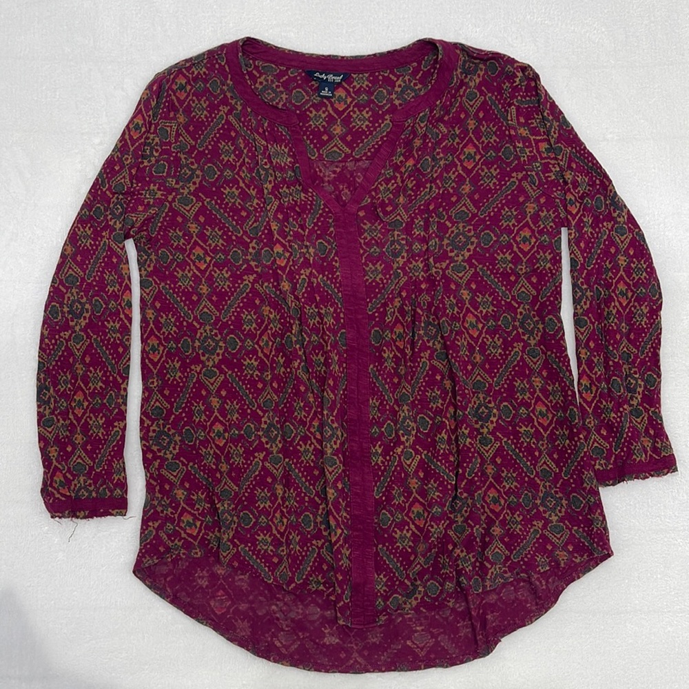 Lucky Brand V-Neck Blouse Front Pleats Long Sleeve sz Small